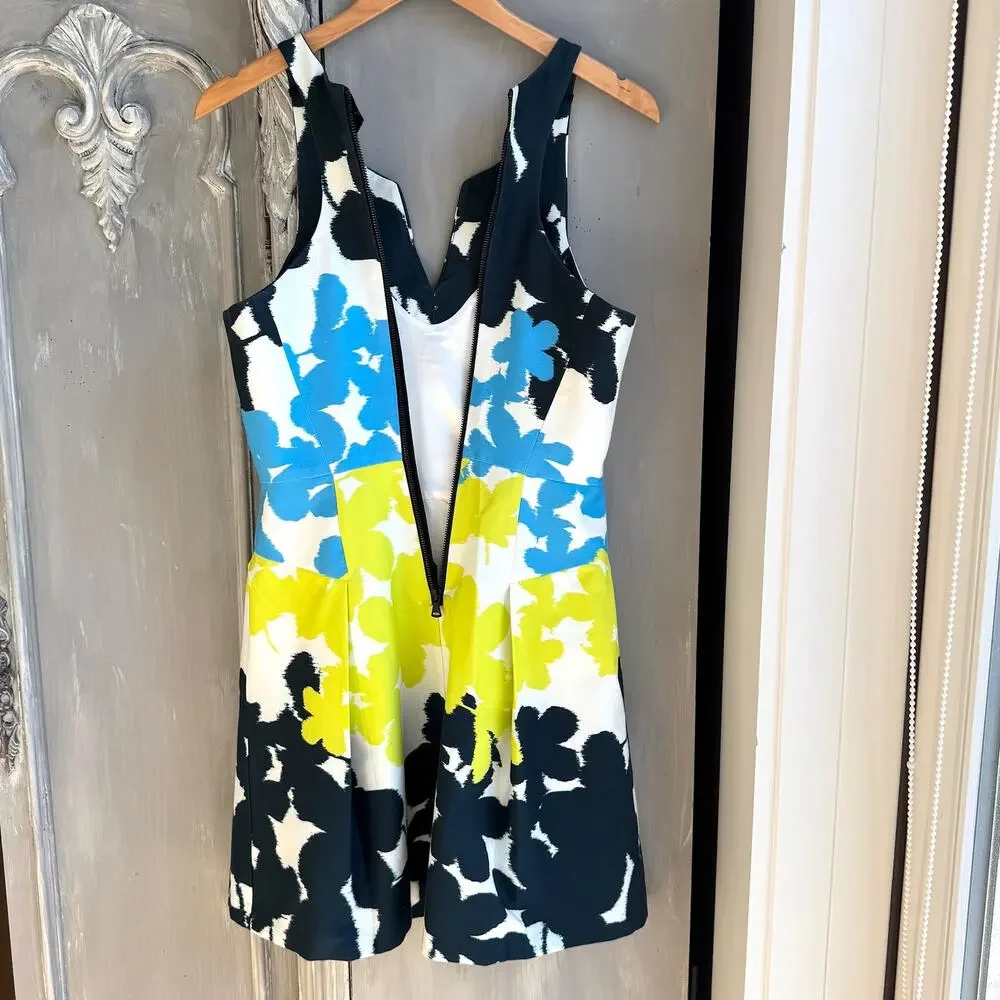 Milly Floral Split Neck Racerback Pleated Minidress Blue Yellow Size 6 - Picture 13 of 16
